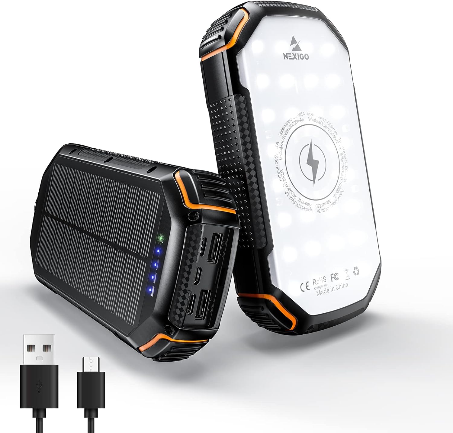 NexiGo Solar Charger Power Bank 20000 mAh, Solar Bank 10W Wireless Fast Charger 5 Outputs (Max 15W) & Inputs, Flashlight, IP54 Splash Proof and Dustproof for Outdoor Activities, Black & Orange