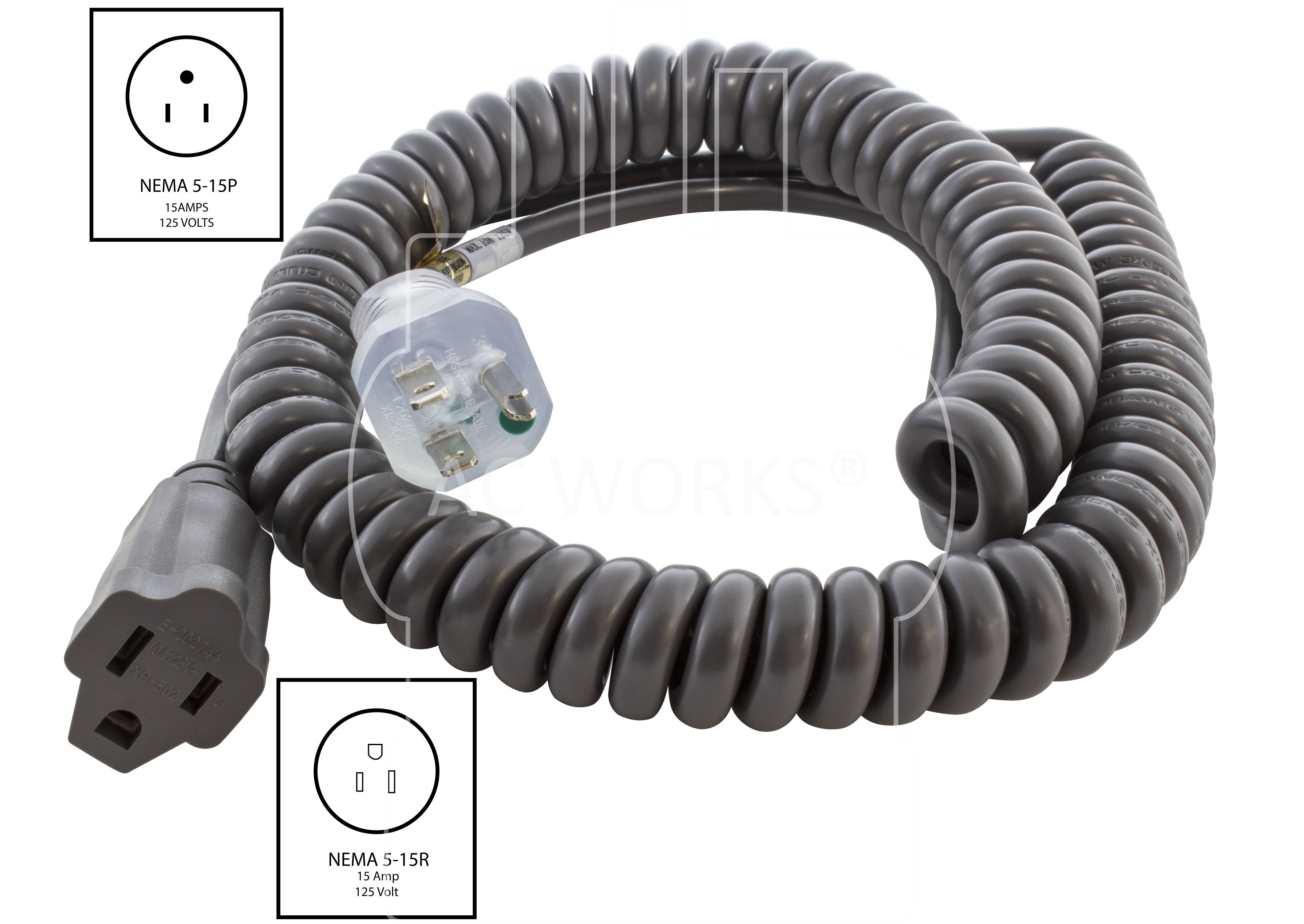AC Works Up to 10 ft. 10 Amp 18/3 Coiled Medical Grade Extension Cord