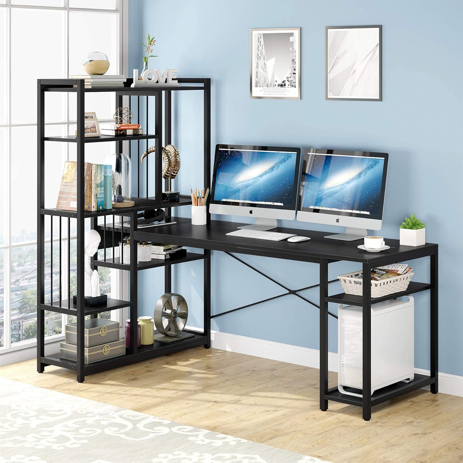 Tribesigns 67 Inches Large Computer Desk with Storage Shelves, Office Desk Writing Table Workstation with Hutch Bookshelf, L Shaped Desk for Home Office (Black)