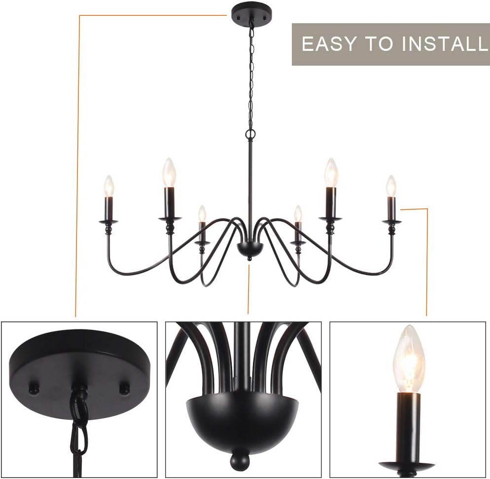 T&A Black 6-Light Chandeliers,Classic Candle Ceiling Pendant Light Fixture,Wrought Iron Farmhouse Chandelier Kitchen Island Dining Room Living Room