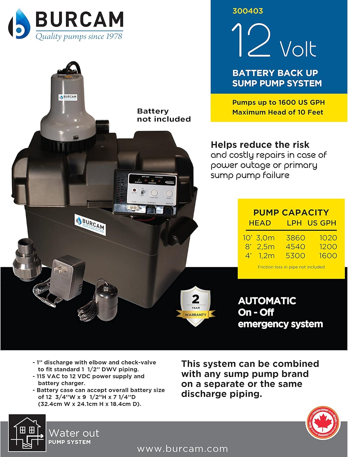 B BURCAM QUALITY PUMPS SINCE 1978 300403Z 12 Volt Battery Back Up Sump Pump System, (24 Hours Fast Recharge)