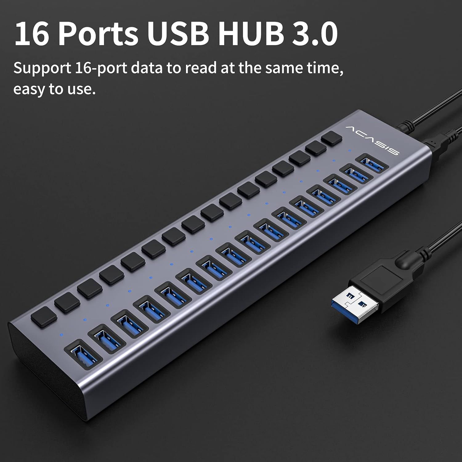 ACASIS Powered USB Hub 16 Ports USB 3.0 Data Hub with Individual On/Off Switches and 12V/7.5A 90W Power Adapter USB Hub 3.0 Splitter for Laptop, PC, Computer, Mobile HDD, Flash Drive and More