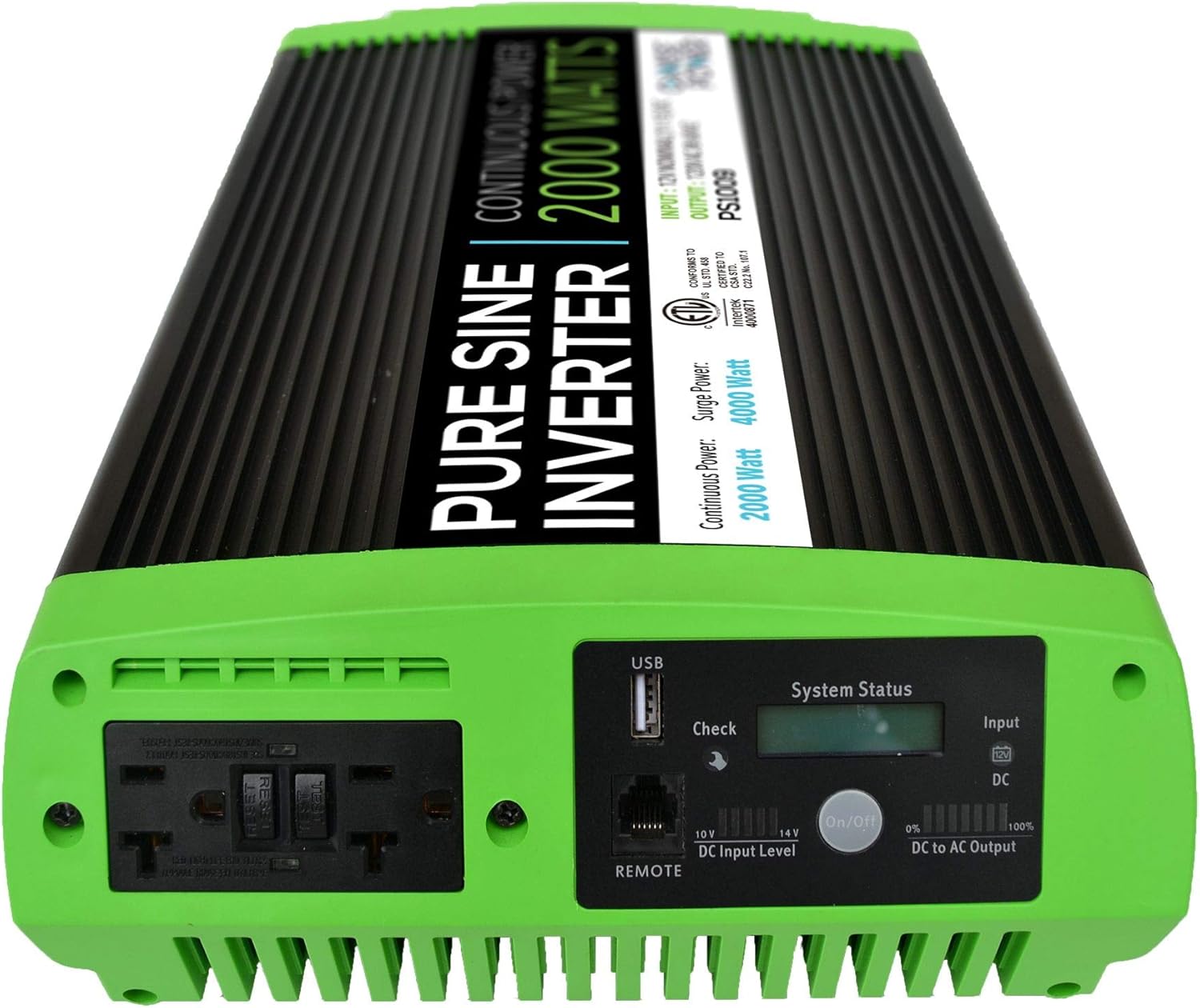 GoWISE Power PS1009 2000W Continuous 4000W Surge Peak Power Pure Sine Wave Inverter w/Digital LCD Display, Black/Green