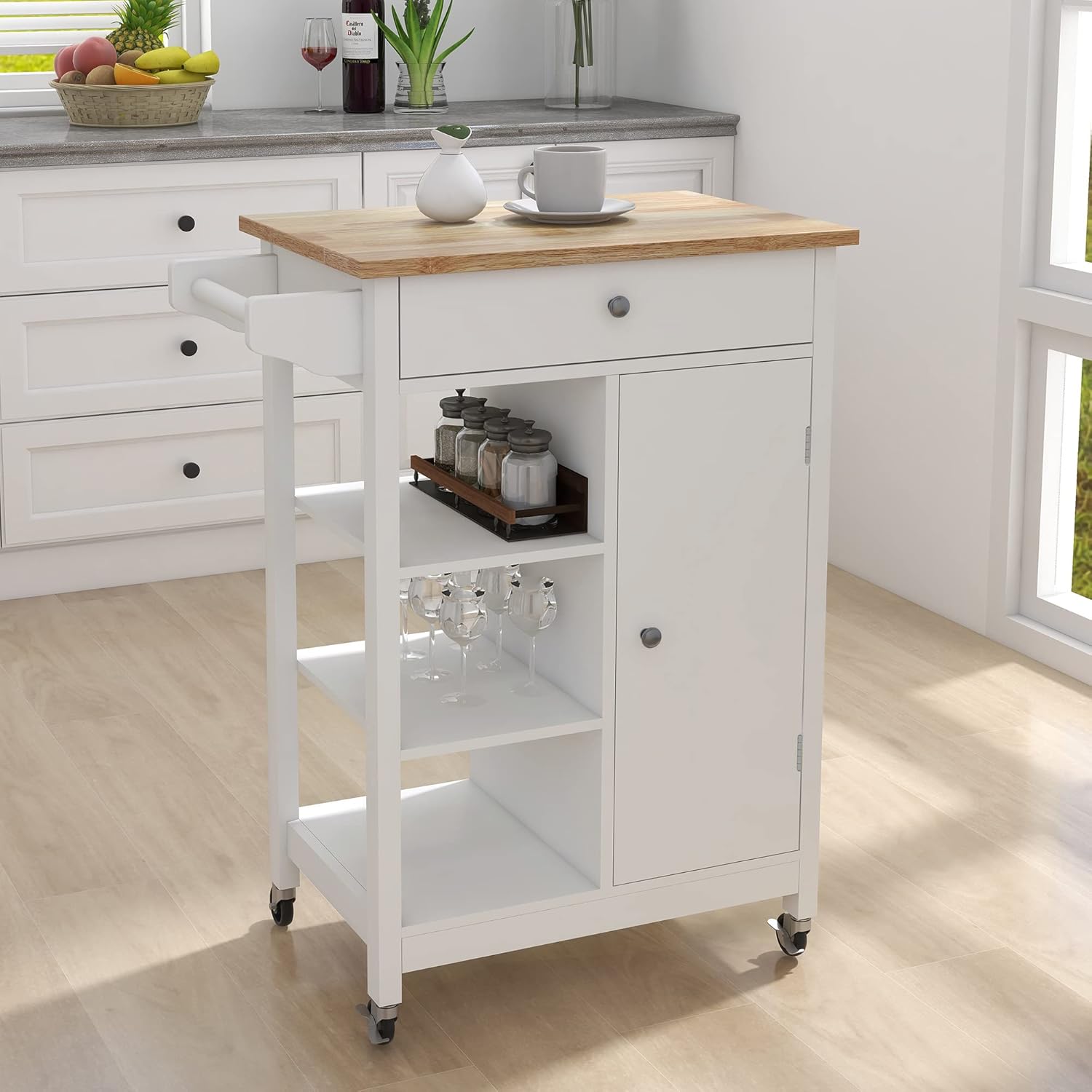 AWQM Kitchen Island Cart, Small Rolling Island with Open Storage Shelf and Drawer, Kitchen Trolley Cart with Towel Rack on Wheels for Home Kitchen, White Kitchen Island002