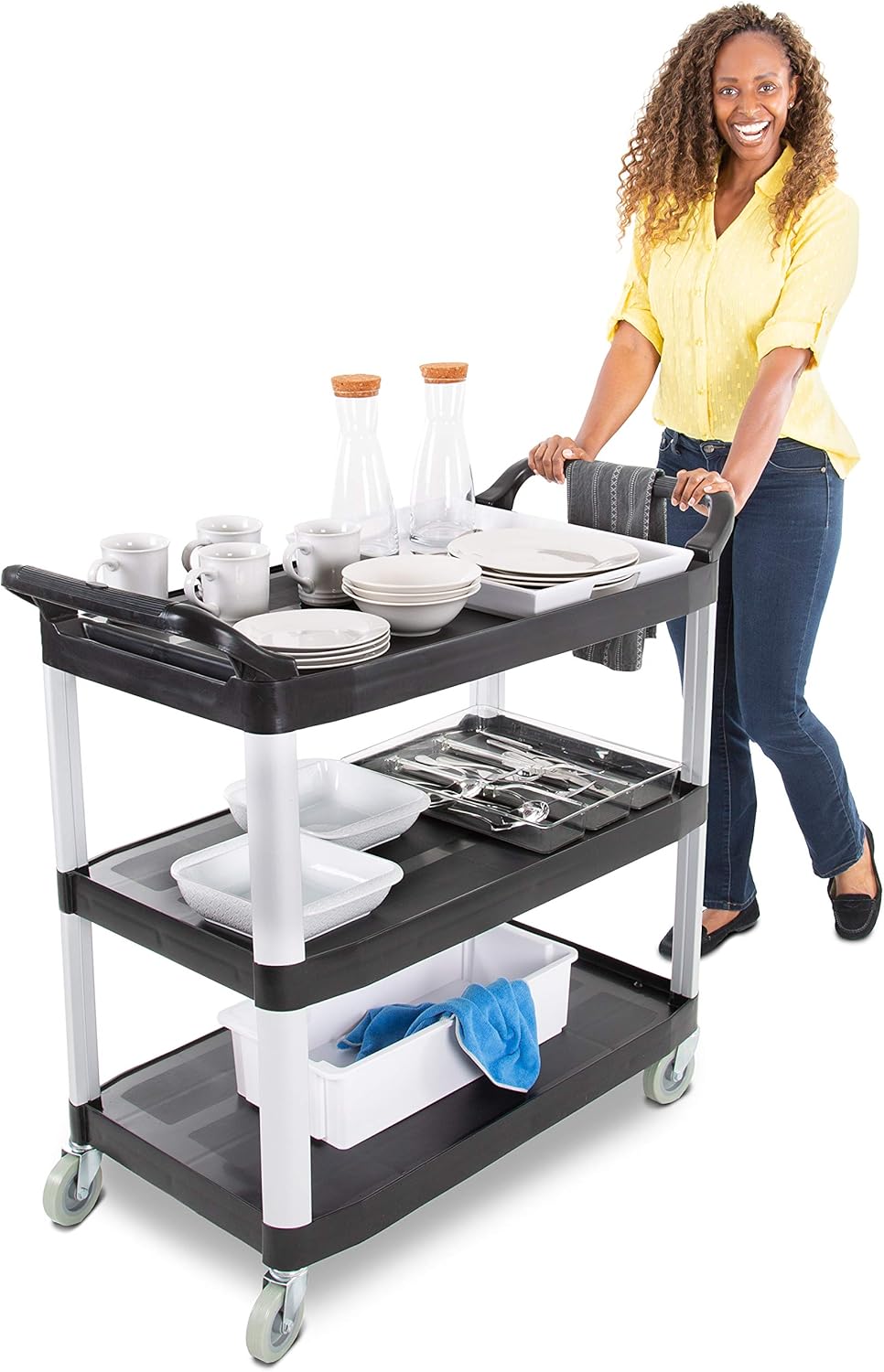 Tubstr 3 Shelf Service Cart with 2 Attachable Storage Bins | Large Utility Cart with Dual Handles Supports 300 lbs. | Great for Restaurant, Warehouse, Healthcare, School & More (Black / 40.25 x 19.75)