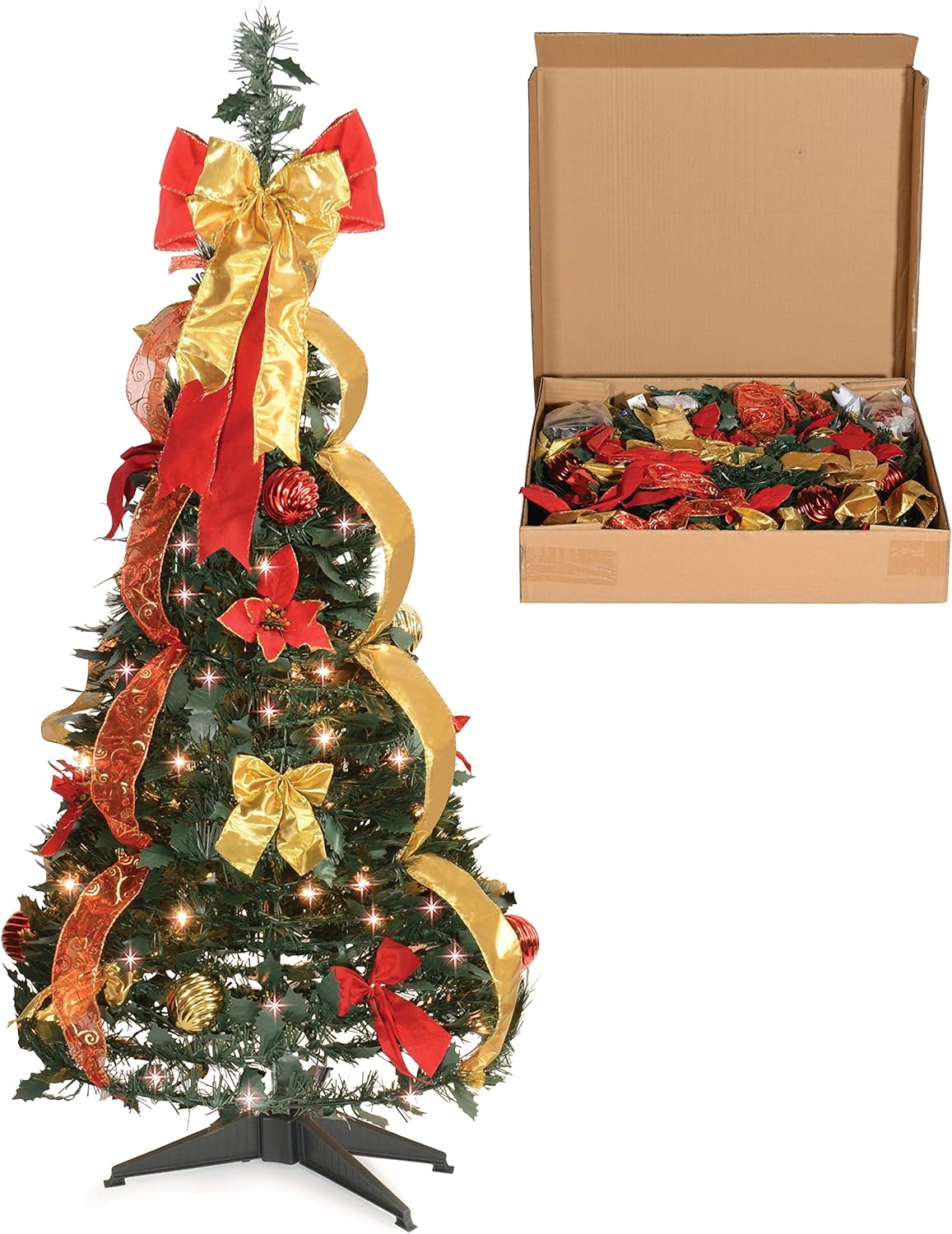 4 Ft Pre-Lit Pre-Decorated Christmas Tree Minimal Assembly Needed Pull Up Pop Out Christmas Tree with Decorations, 100 Warm Lights, and Stand Pack of 2