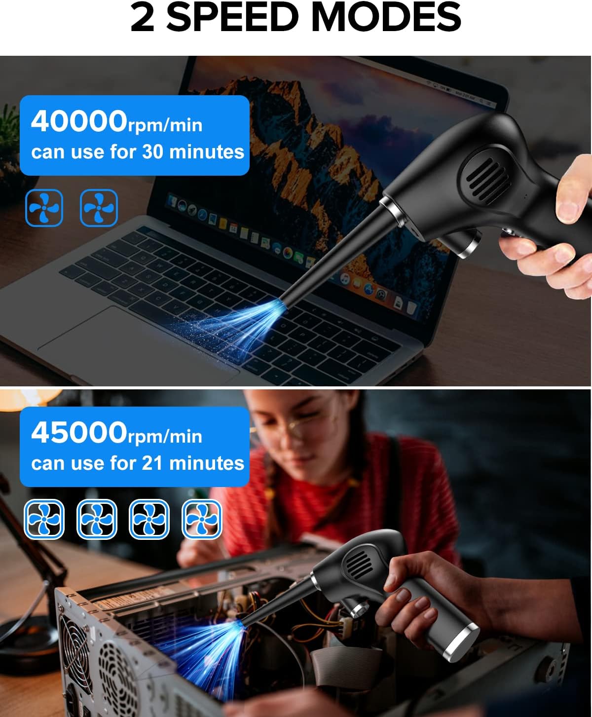 Electric Air Duster, Cordless Compressed Air Blower with 40000RPM Motor, 6000mAh Rechargeable Battery, LED Light, Electric Air Can for Computer Keyboard Electronics Cleaning Pack of 2