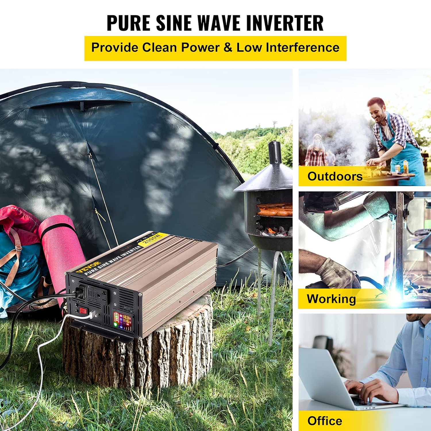 VEVOR Pure Sine Wave Inverter, 2000 Watt Power Inverter, DC 12V to AC 110V Car Inverter, with LCD Display 5V USB Port AC Outlets (GFCI) Power Converter for Car, RV Truck, Solar System, Travel Camping