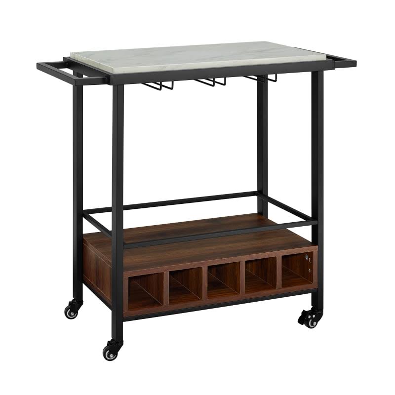 Delacora WE-BDF34MADW Rustic Industrial 34x22 Wide Bar Cart with Faux Marble Top and Casters