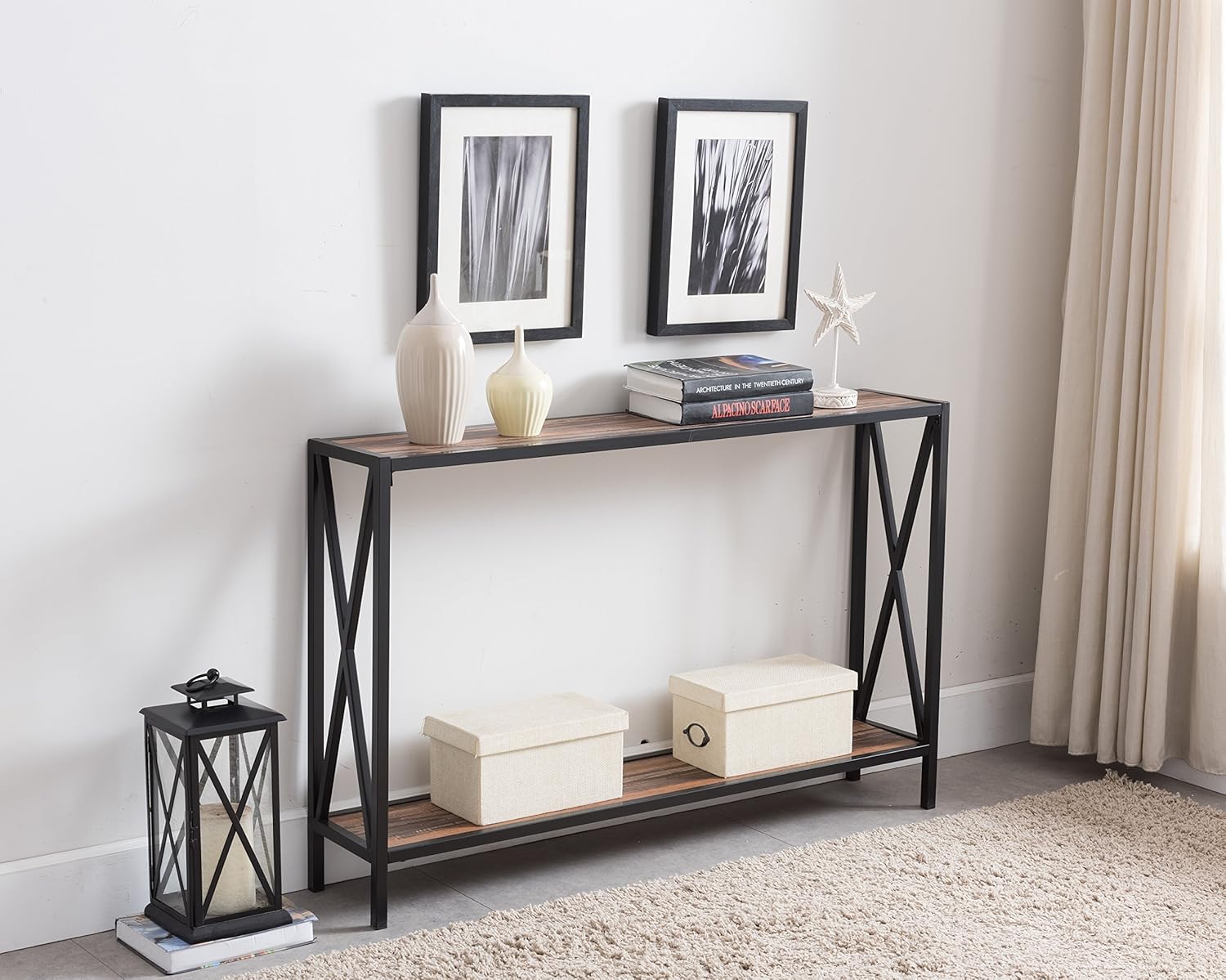 Reclaimed Weathered Oak/Black Metal Frame 2-Tier Entryway Console Sofa Table with X-Design Sides
