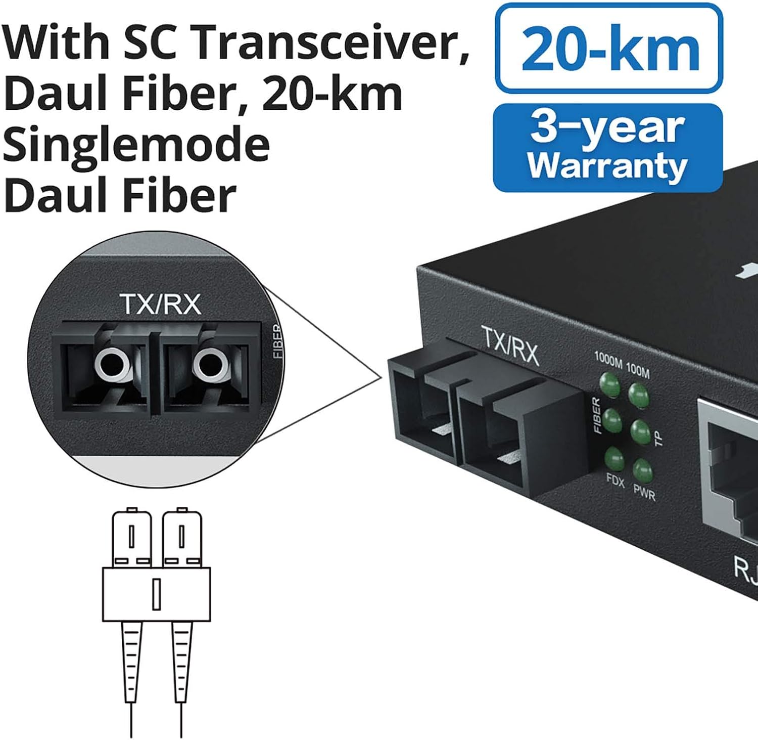 Gigabit Ethernet Media Converter, Single Mode Dual SC Fiber, 1000Base-LX to 10/100/1000Base-Tx, up to 20km, Pack of 2 Pack of 2