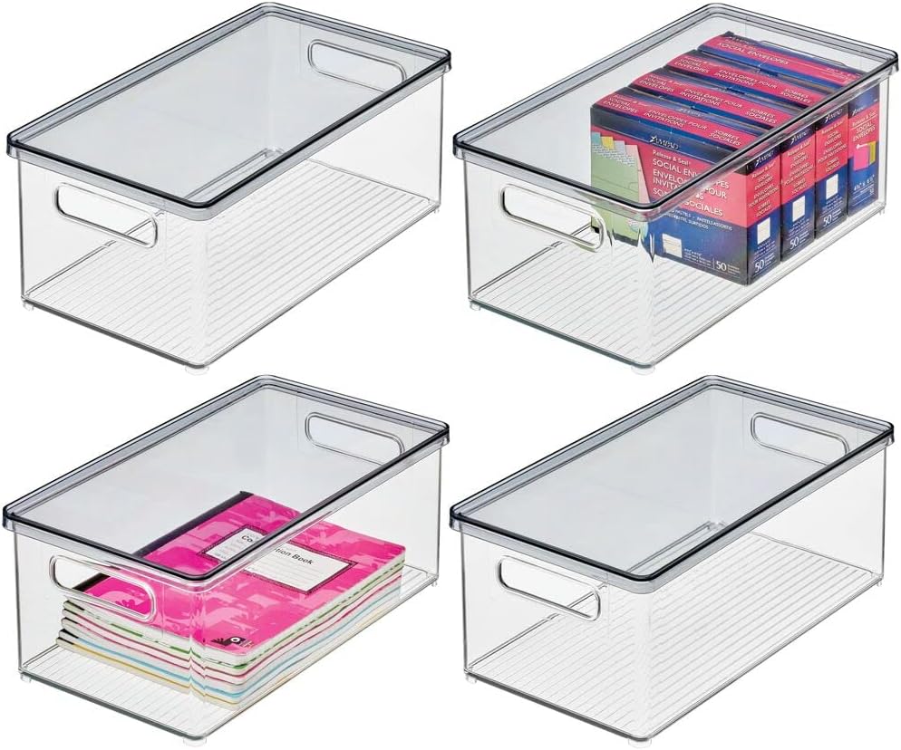 mDesign Plastic Stackable Storage Desk Organizer Bin Box with Handles, Lid for Home Office to Hold Pens, Erasers, Tape, Pens, Pencils, Markers, Notepads, Highlighters, Staplers - 4 Pack - Clear/White