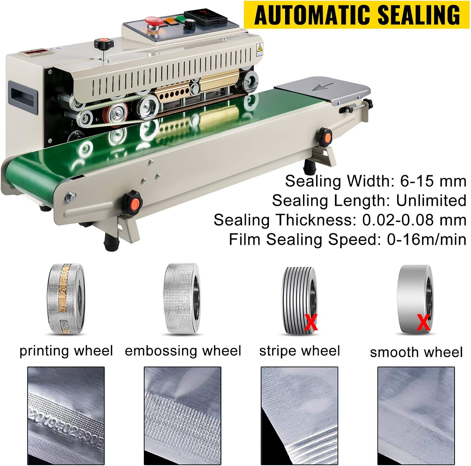 VEVOR Continuous Bag Band Sealing Machine FR770A Horizontal Bag Sealer with Digital Temperature Control Band Sealer Machine for 0.02-0.08 mm Plastic Bags Continuous Band Sealer with Printing Function