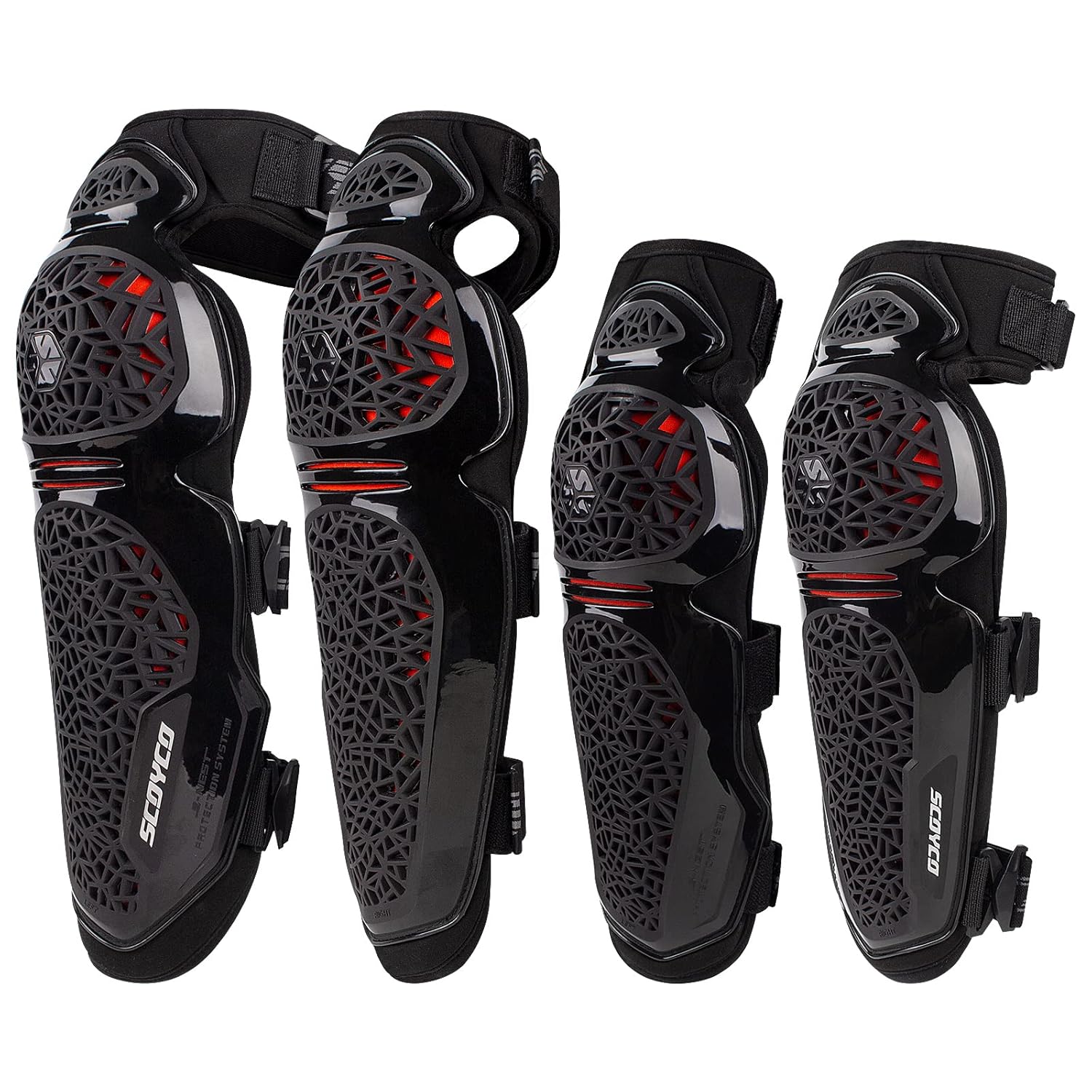 Scoyco 4pcs Motorcycle Knee Shin Guards Adjustable Elbow Guard Pads Crashproof Nonslip Knee Cap Pads Protector for Motocross Racing ATV Skating Protective Gear