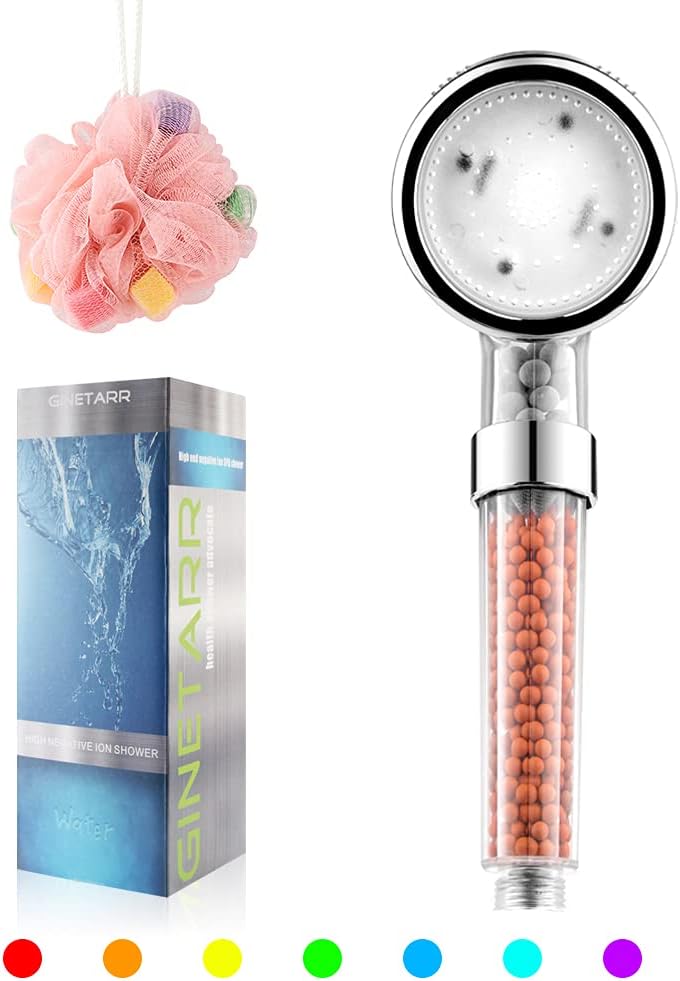 Ginetarr LED Shower Head with Handheld,High Pressure and Water Saving,Mineral Stone Beads Soften Hard Water Good for Dry Hair and Skin Pack of 2