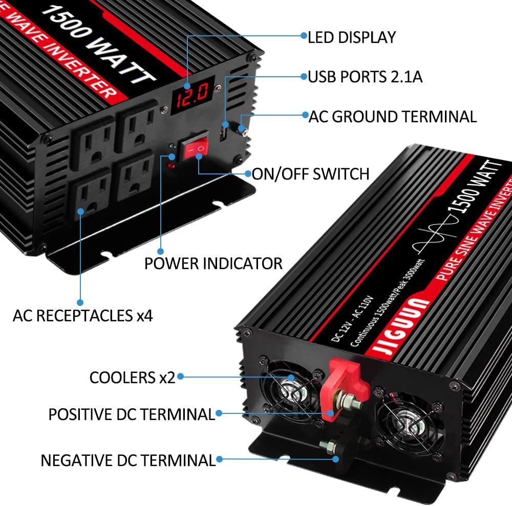 JIGUUN 1500 Watt Pure Sine Wave Inverter DC 12V to AC 120V Converter, Car Inverter with LED 4 AC Outlets&USB Output , Power Inverter 170ft Wireless Remote Control for Outdoor Camping RV.(1500W-12V)