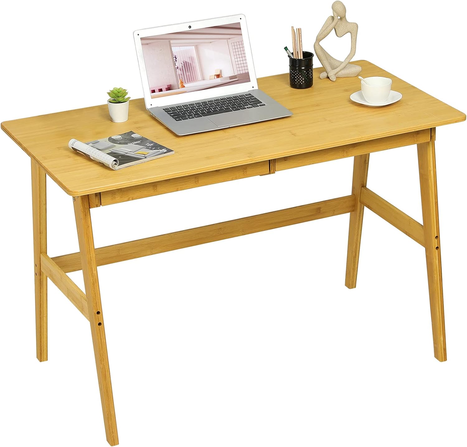 VIAGDO Writing Computer Desk 47''Bamboo Desk with 2 Drawers Laptop Table Gaming PC Workstation for Small Space Study Desk Vanity Desk Bedside Table Modern Home Office Furniture, 47.2''x23.6''x29.5''