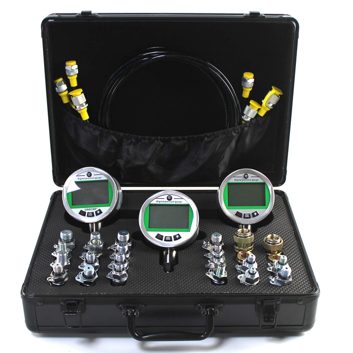 SINOCMP 70P 16P Digital Pressure Gauge Kit with 3 Pressure Gauges 3 Test Hoses and 24 Couplings Hydraulic Gas Water Pressure Test Kit with Backlight for CASE Komatsu Excavator Construction Machinery