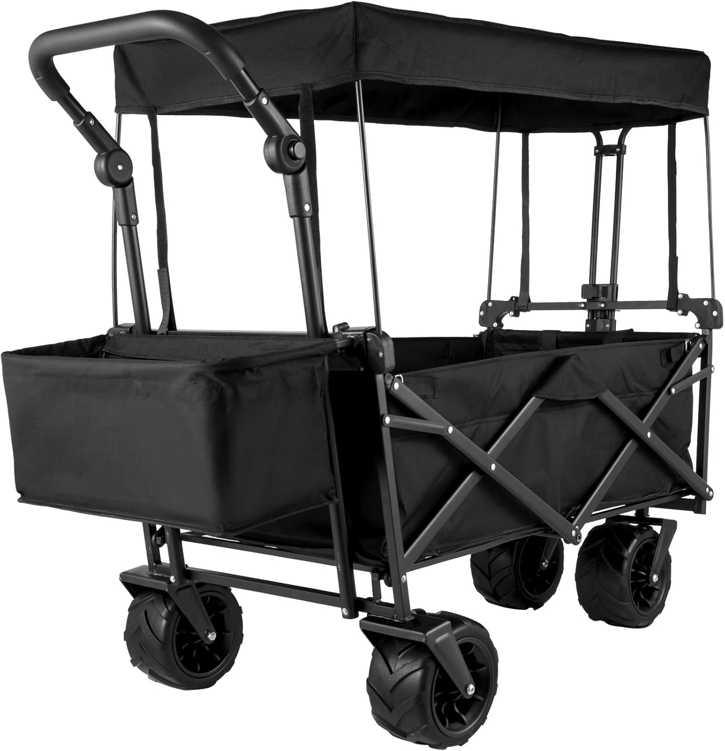 HAPPYBUY Extra Large Collapsible Garden Cart/Wagon with Removable Canopy, 220lbs Capacity Push& Pull Utility Cart with Rear Storage; Padded Cotton 600D OxfortSecure Lock (40IN40IN20IN, Black)