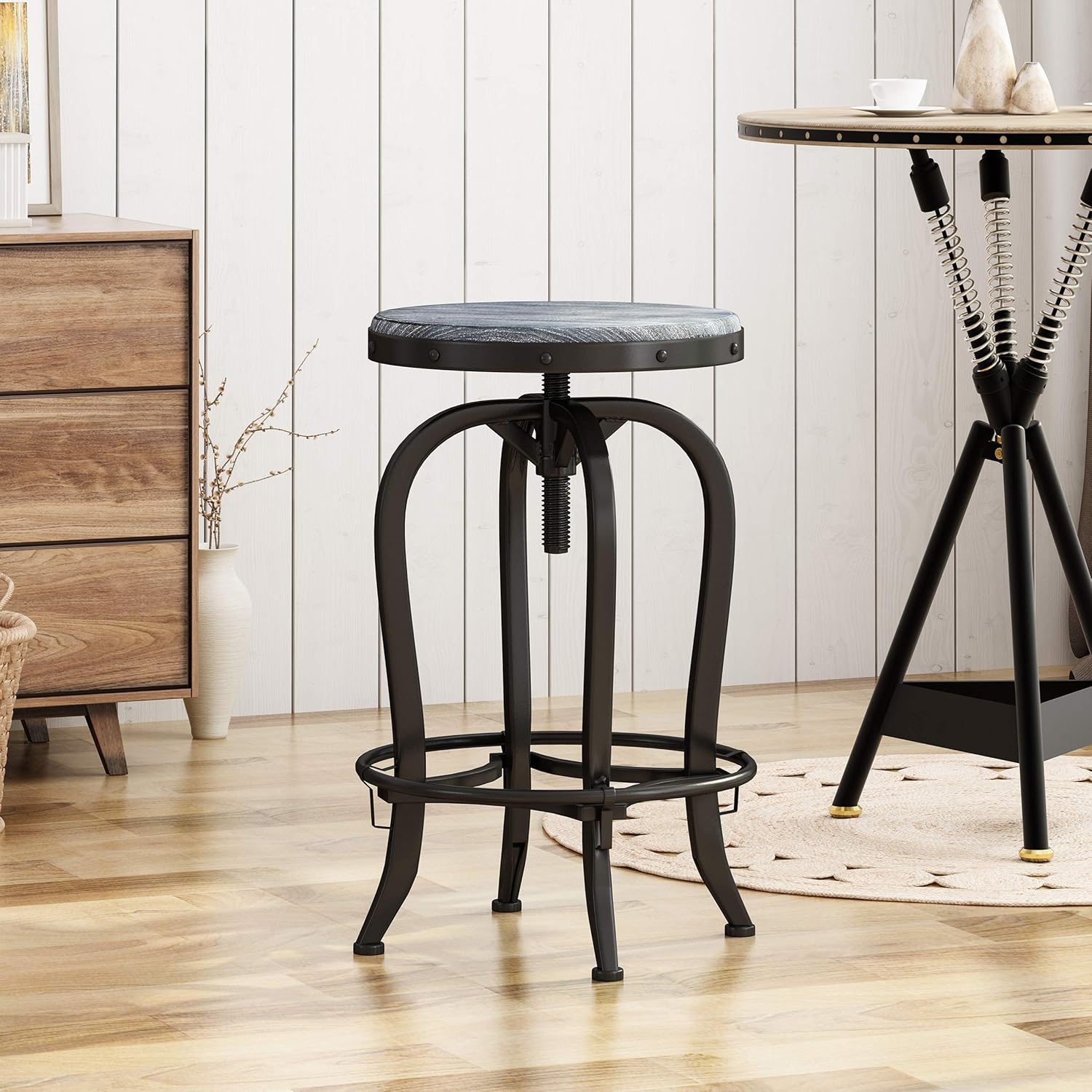 Christopher Knight Home Blake Reclaimed Swiveling Iron Barstool with Firwood Seat, Black and Brushed Dark Gray Pack of 2