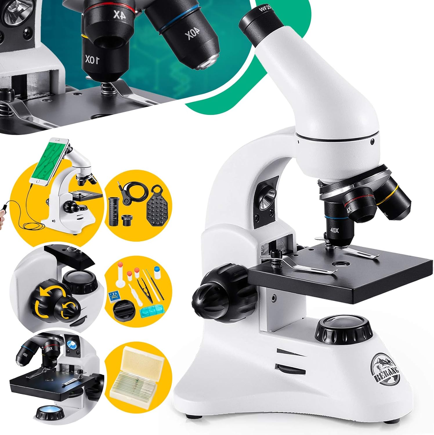 BEBANG 200X-2000X Microscope for Kids & Students Science Compound Microscope Kit with Slides & Adapter for Smartphone &Complete Lab Accessories Kit