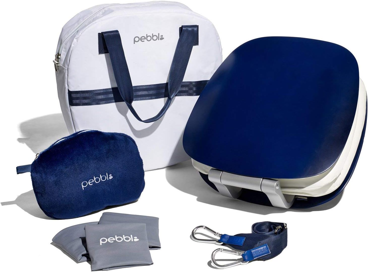 Pebbl Portable Meditation Chair with Mindfulness Accessories - Back Support Foldable Seat, Cushion, Carry-All Tote, Adjustable Carrier Strap, Blanket - Navy Blue Shell/White Cushions - The Sanctuary