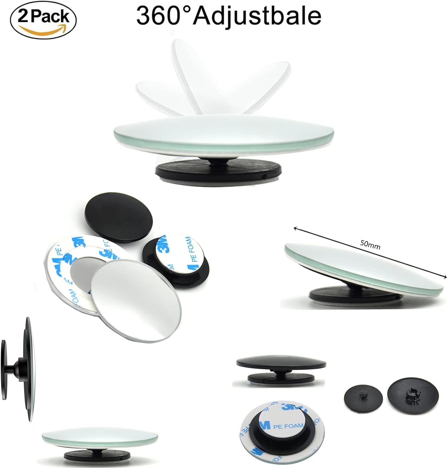 TINGQIAO Blind Spot Mirrors,HD Glass Convex Rear View Mirror, 360 ABS HD Ultra Low-Profile Glass Fit Stick-on Design Fit for All Universal Vehicles Car SUV Truck RVs Vans(Pack of 2) (Round)