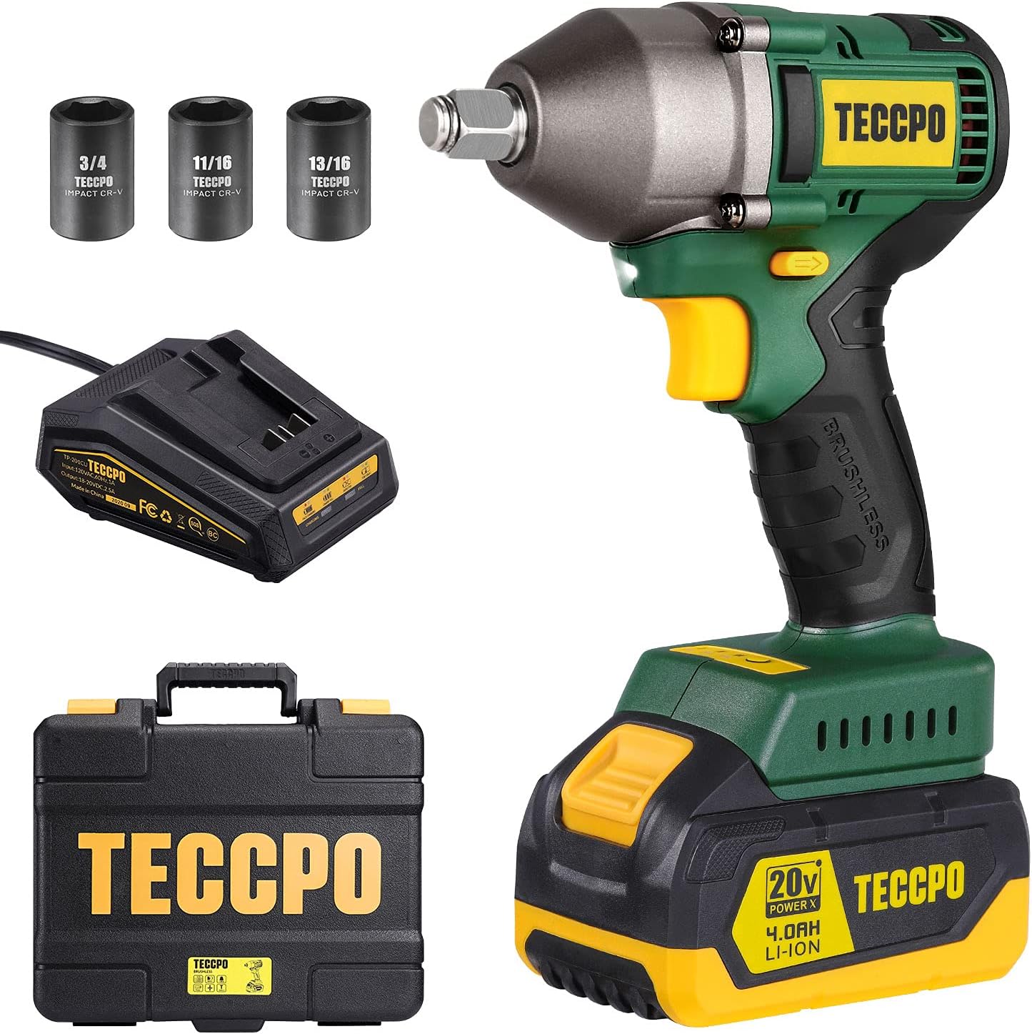 TECCPO Impact Wrench, Brushless 20V MAX Cordless Impact Wrench, 4.0Ah Li-ion Battery, 1/2 Inch, 300 Ft-lbs(400N.m) Max, 3 Variable Speed Wrench, 1 hour Fast Charger, 3 Sockets, Tool Box - BHD850B