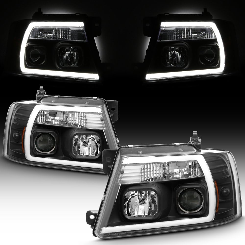 AKKON - For 2004-2008 Ford F150 Full LED Daytime Running Lamp Bar Projector Headlights Black Housing Clear Lens Full Set