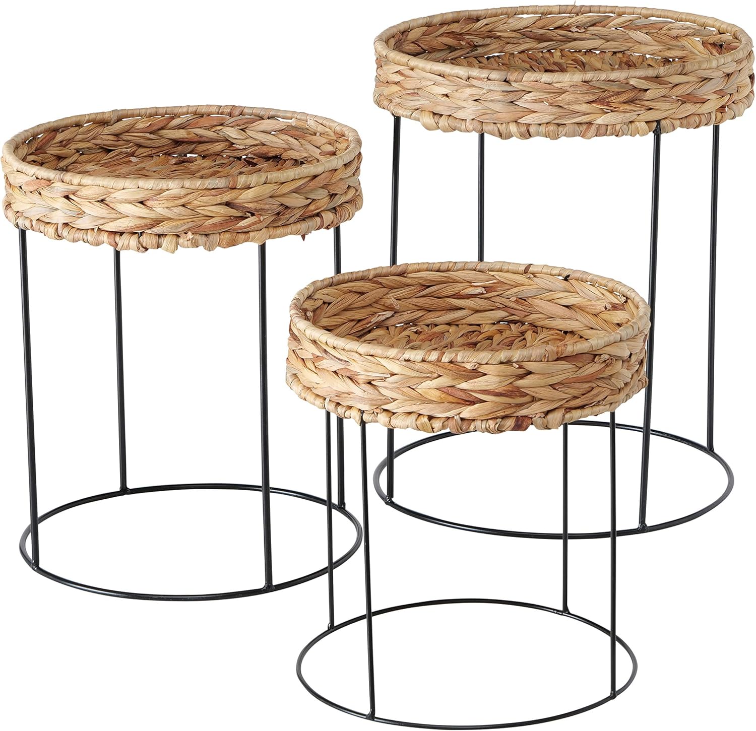 WHW Whole House Worlds Modernist Home Wicker Top Accent Tables, Set of 3, Circular, Slim-line Black Iron Metal Base, Woven Water Hyacinth, 14.25, 17, and 19 Inches Tall Modern Rustic