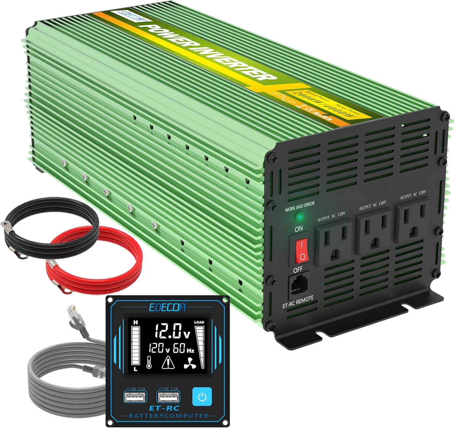 EDECOA 2000 Watt Pure Sine Wave Power Inverter DC 12V to AC 120V 110V Power Converter with LCD Remote Controller 2 USB for RV Caravan