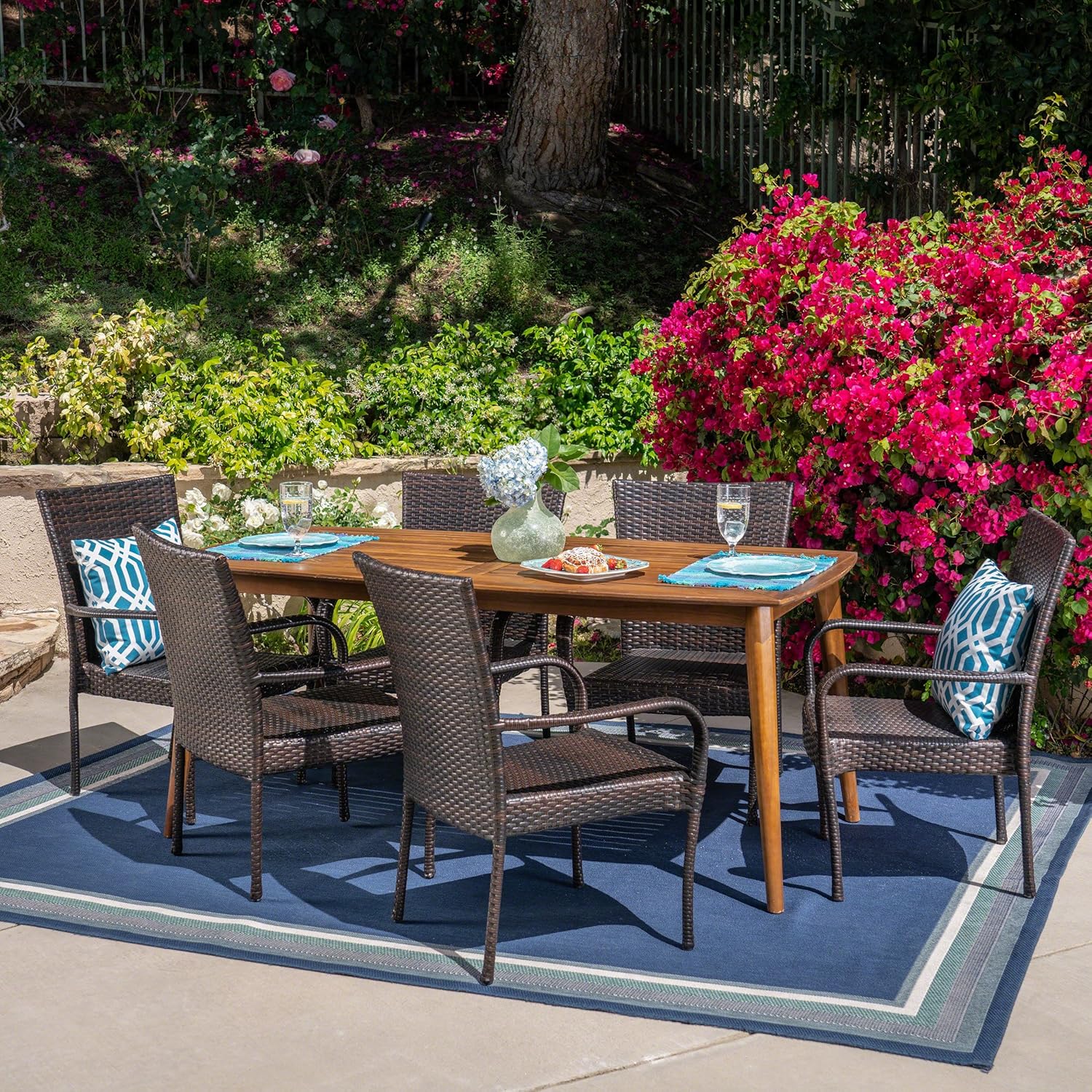 Christopher Knight Home Arthur Outdoor 7 Piece Multibrown Wicker Set with Teak Finish Rectangular Acacia Wood Dining Table