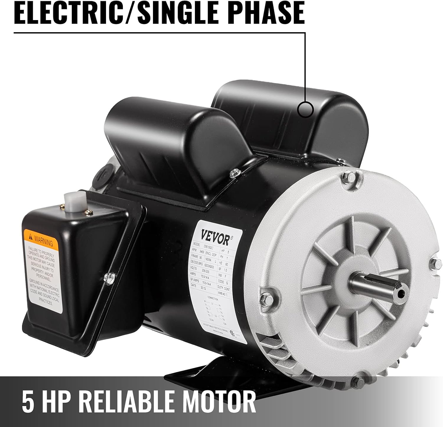 VEVOR 5 Hp Electric Motor 3.1 KW Rated Speed 3450 RPM Single Phase Motor AC 208-230V Air Compressor Motor Suit for Home and Small Shop Air Compressors