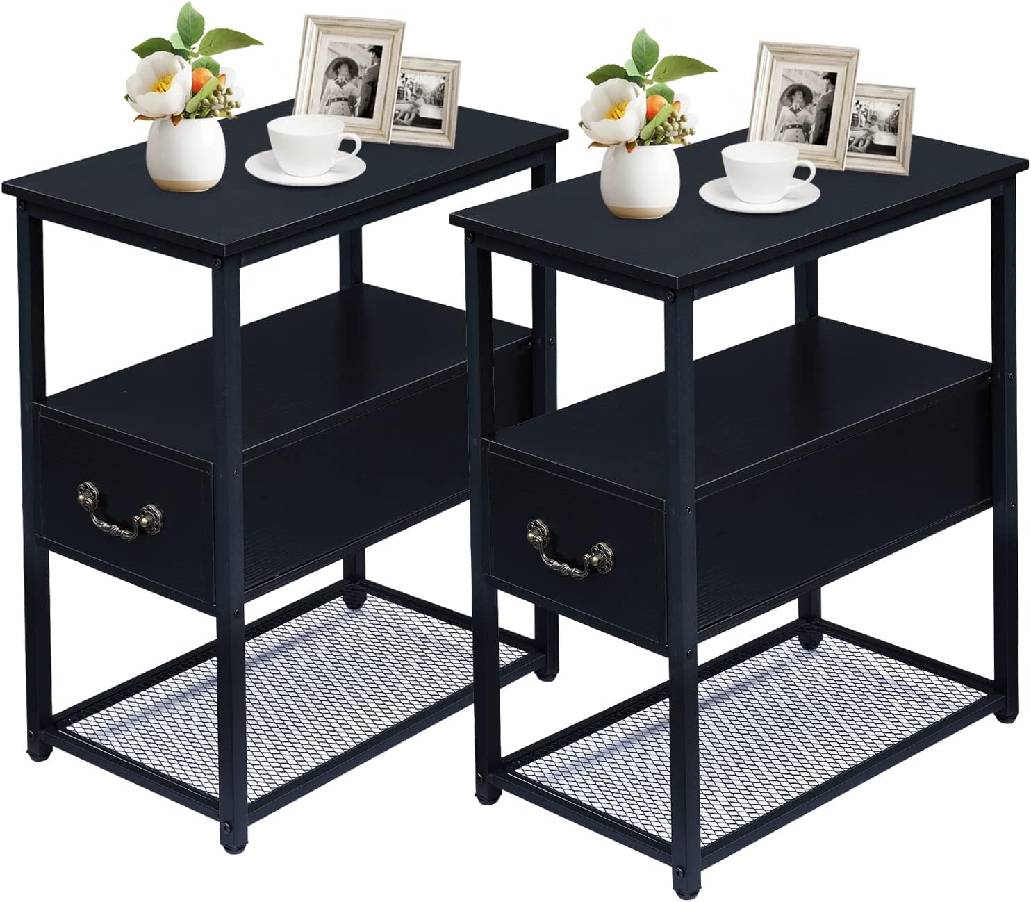 VECELO Versatile Nightstand Tempered Glass End Side &Sofa Table with 2 Drawers for Bedroom Office Lounge, 15.7