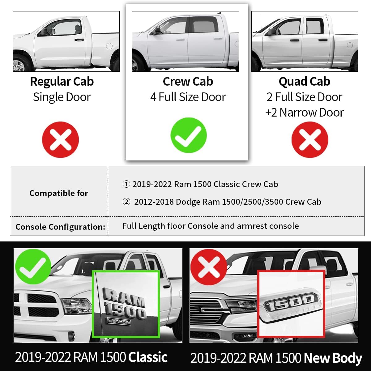 YITAMOTOR Floor Mats Compatible with 2019-2022 Ram 1500 Classic Crew Cab, 2012-2018 Dodge Ram 1500/2500/3500 Crew Cab, 1st & 2nd Row Black All Weather Protection