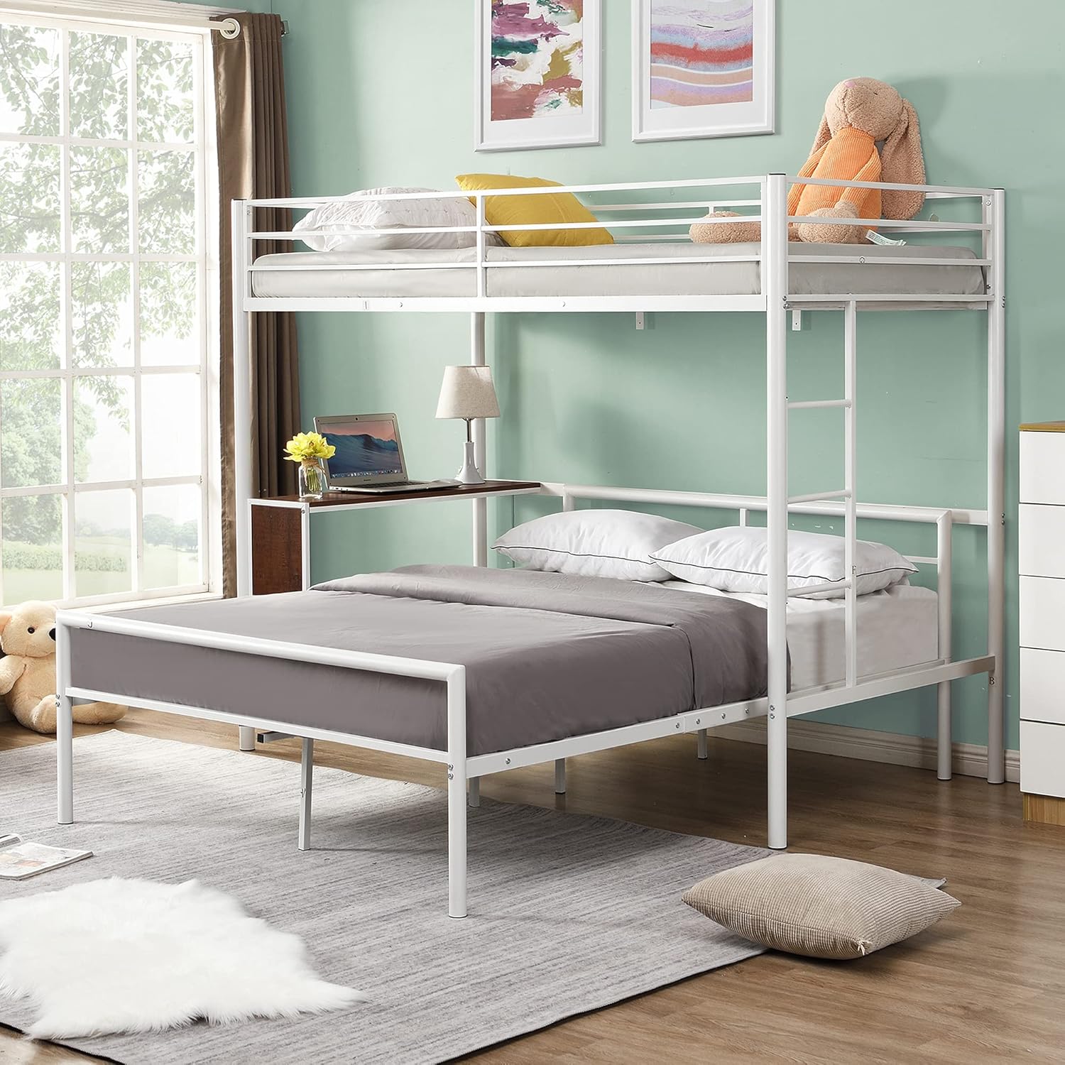 Twin Over Full Metal Loft Bed with Full Platform Bed, Bunk Bed with Built-in Desk, Black