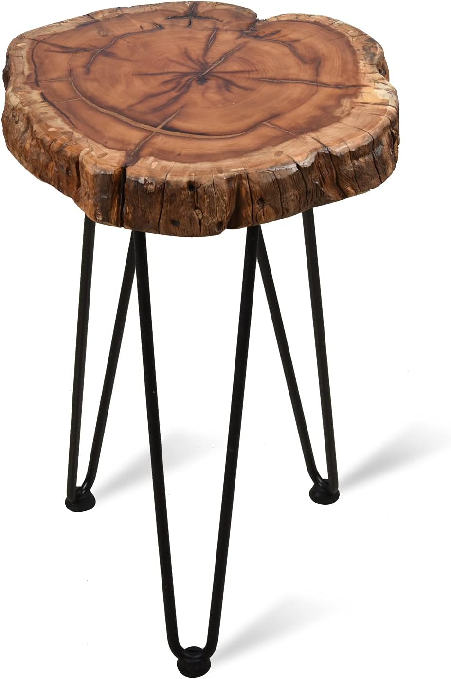 Natrual Wooden End Table, EFFIBUILD Rustic Old Round Wood Edge Side Table with 3-Hairpin Legs Stand, Nighstand 20 inch Tall Pack of 2