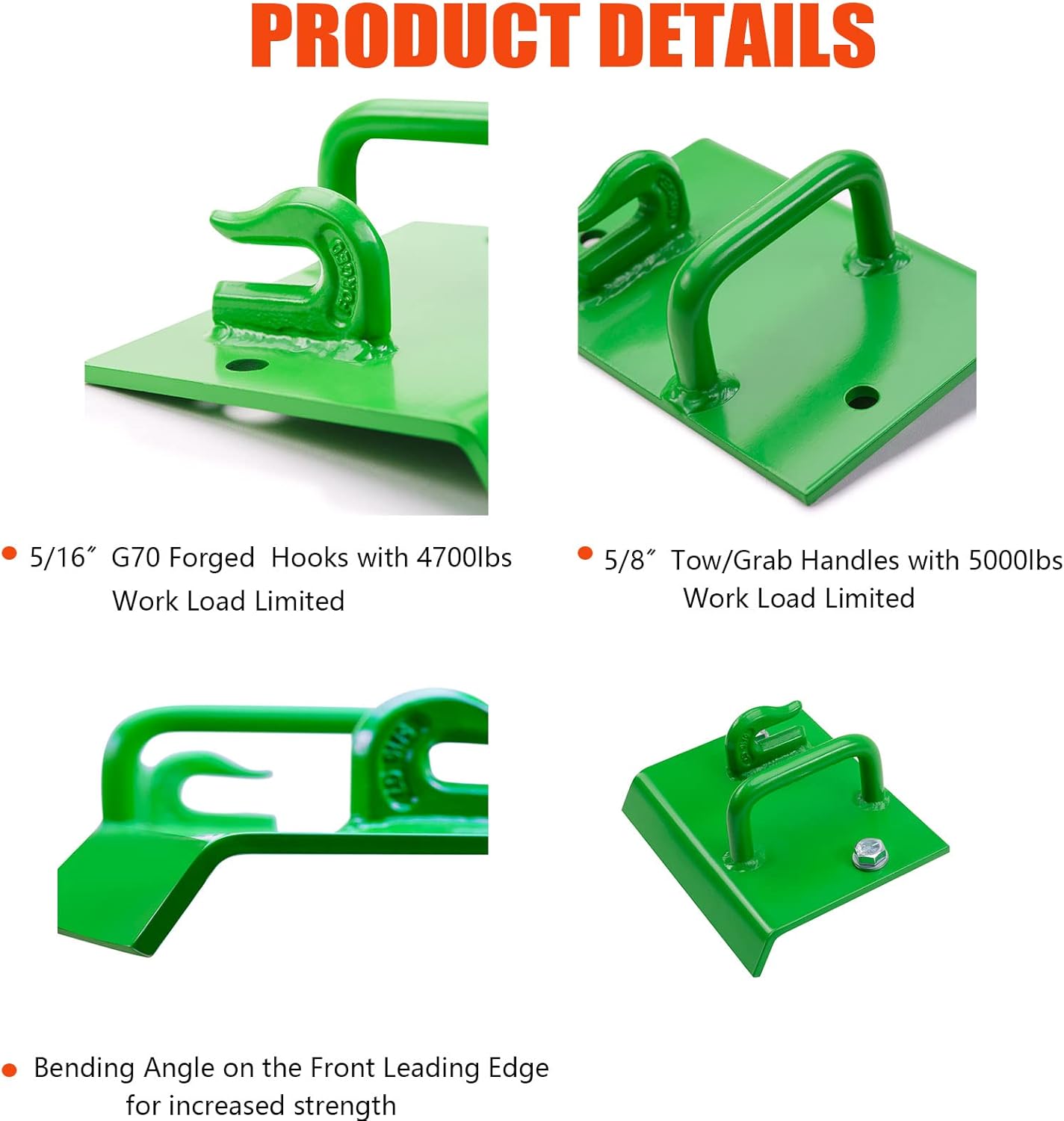 OneChoi Tractor Bucket Hooks, Bolt on Grab Hooks G70 Grade, Tow/Grab Handles, Tow Hook Bolts with 60° Curved Edge for John Deere Bucket 2 PCS (Standard Duty Bucket 1.5“ Bolt) Pack of 2