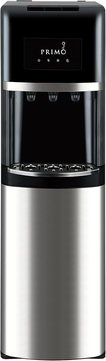 Primo Bottom Loading Water Cooler - 3 Temperature Settings, Hot, Cold, Cool - Water Dispenser w/ Child-Resistant Safety Feature Supports 3 or 5 Gallon Water Jugs [Black w/ Stainless]