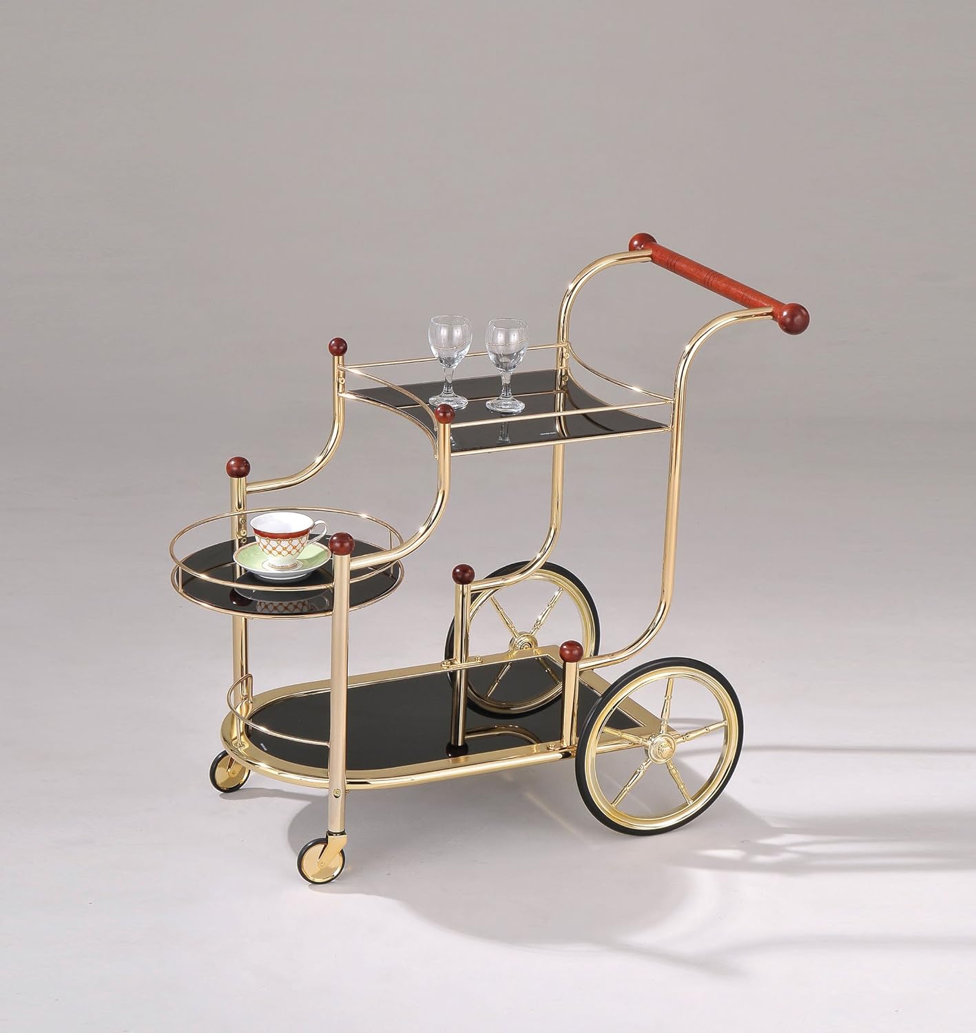 ACME Lacy Serving Cart - 98006 - Gold Plated - Cherry Wood & Black Glass