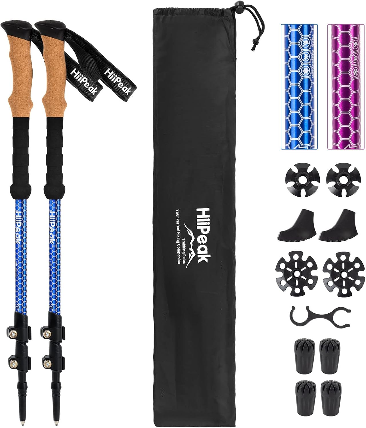 Hiipeak Lightweight Trekking Poles - 1 Pair Adjustable Hiking Sticks- Collapsible Walking Poles - Cork Grip- Aluminum 7075-Quick Flip-Lock for Hiking, Camping & Backpacking