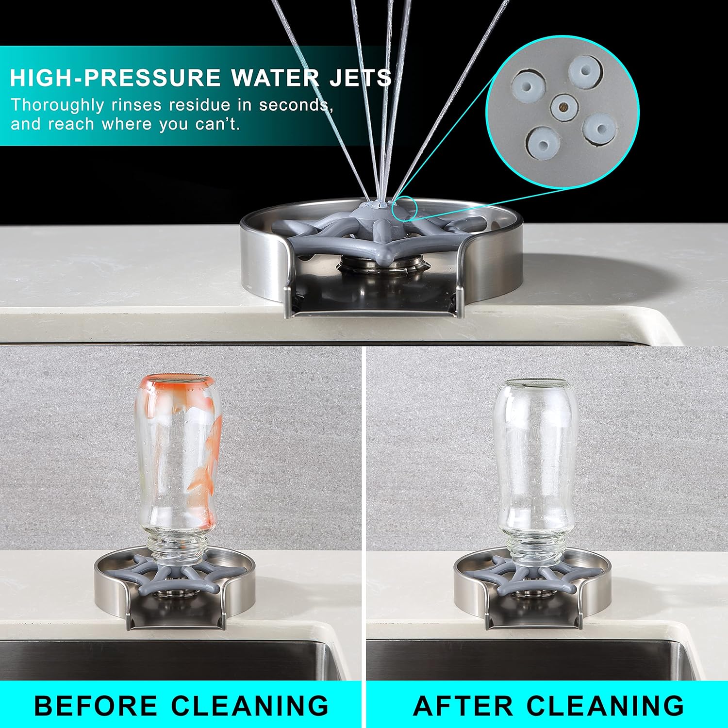 Glass Rinser for Kitchen Sink - Bar Bottle Washer, Cup Cleaner, Faucet Glass Rinser, Kitchen Sink Accessories, Brushed Nickel