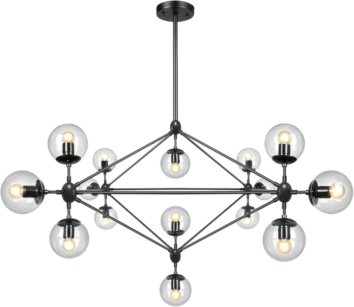 LAMPUNDIT 15 Light DNA Chandelier Black Finish with Globe Glass Shade Modern Large Chandeliers for Dining Room Living Room Bedroom, D58.5