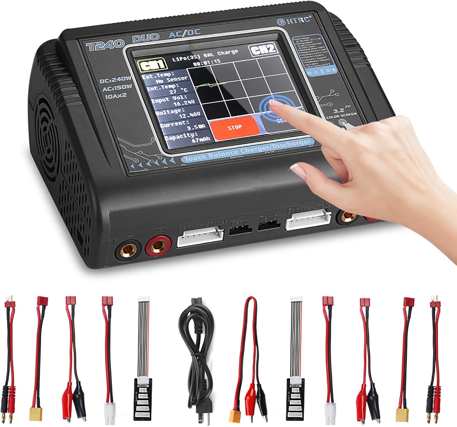 HTRC Lipo Charger 1-6S Touch Screen Dual Discharger AC150W DC240W 10A T240 Fast Balance Battery Charger for RC Li-ion Life NiCd NiMH LiHV PB Smart Battery