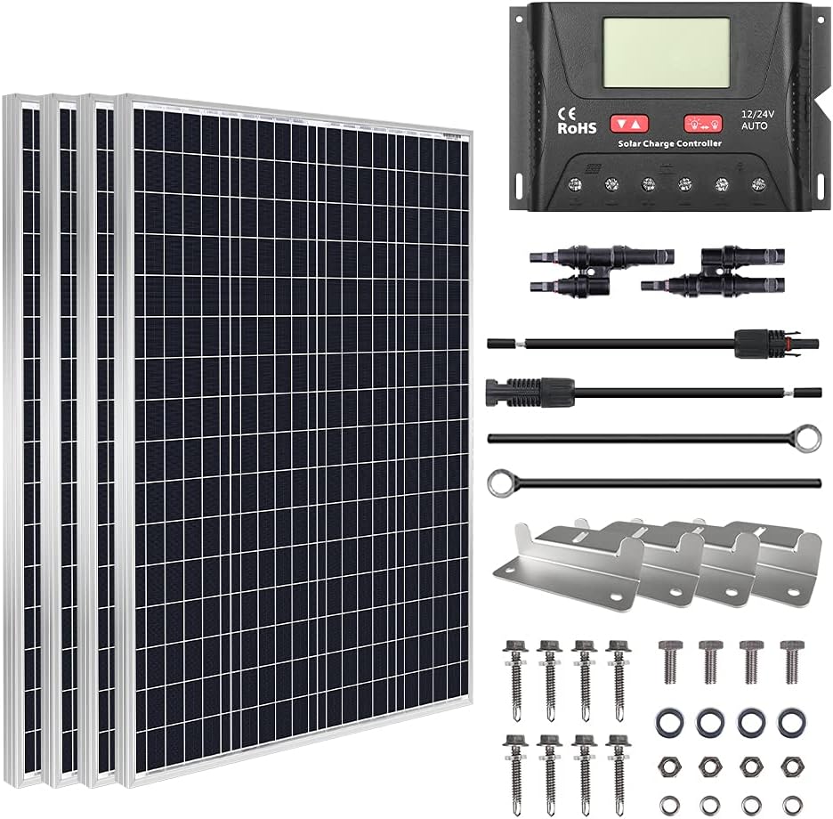HQST 400 Watt 12 Volt Monocrystalline Solar Panel Kit with 30A PWM Charge Controller, Z Bracket, 20FT 10AWG Cable，8Ft 10AWG Controller and Battery Connector Cables