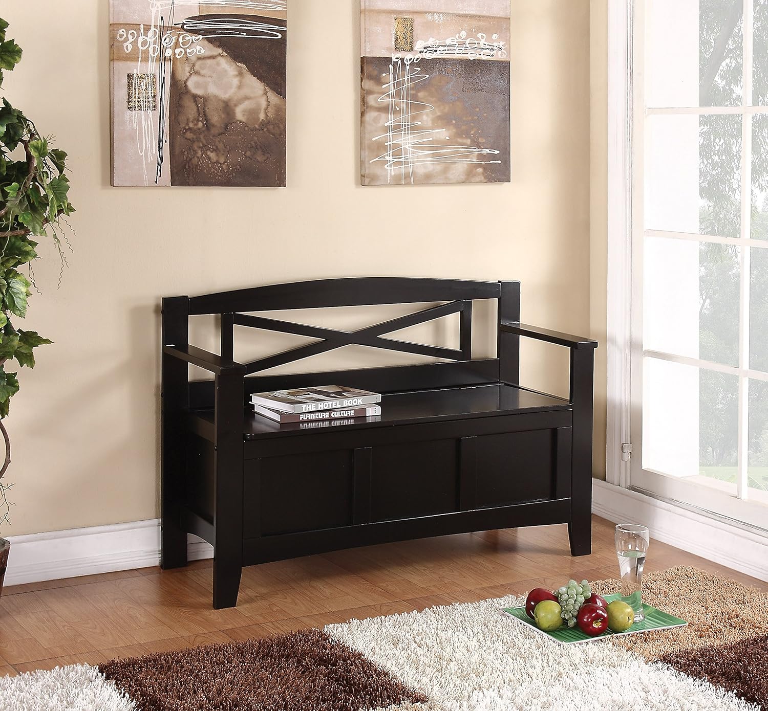 OSP Home Furnishings Metro X-Back Style Wood Entry Way Bench with Storage, Black Finish, (MET42-BK)