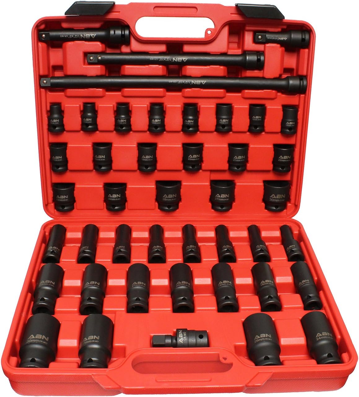 ABN 1/2in Drive Metric Master Deep & Shallow Impact Socket 43-Piece Set 9mm to 30mm with Extensions & Swivel Joint