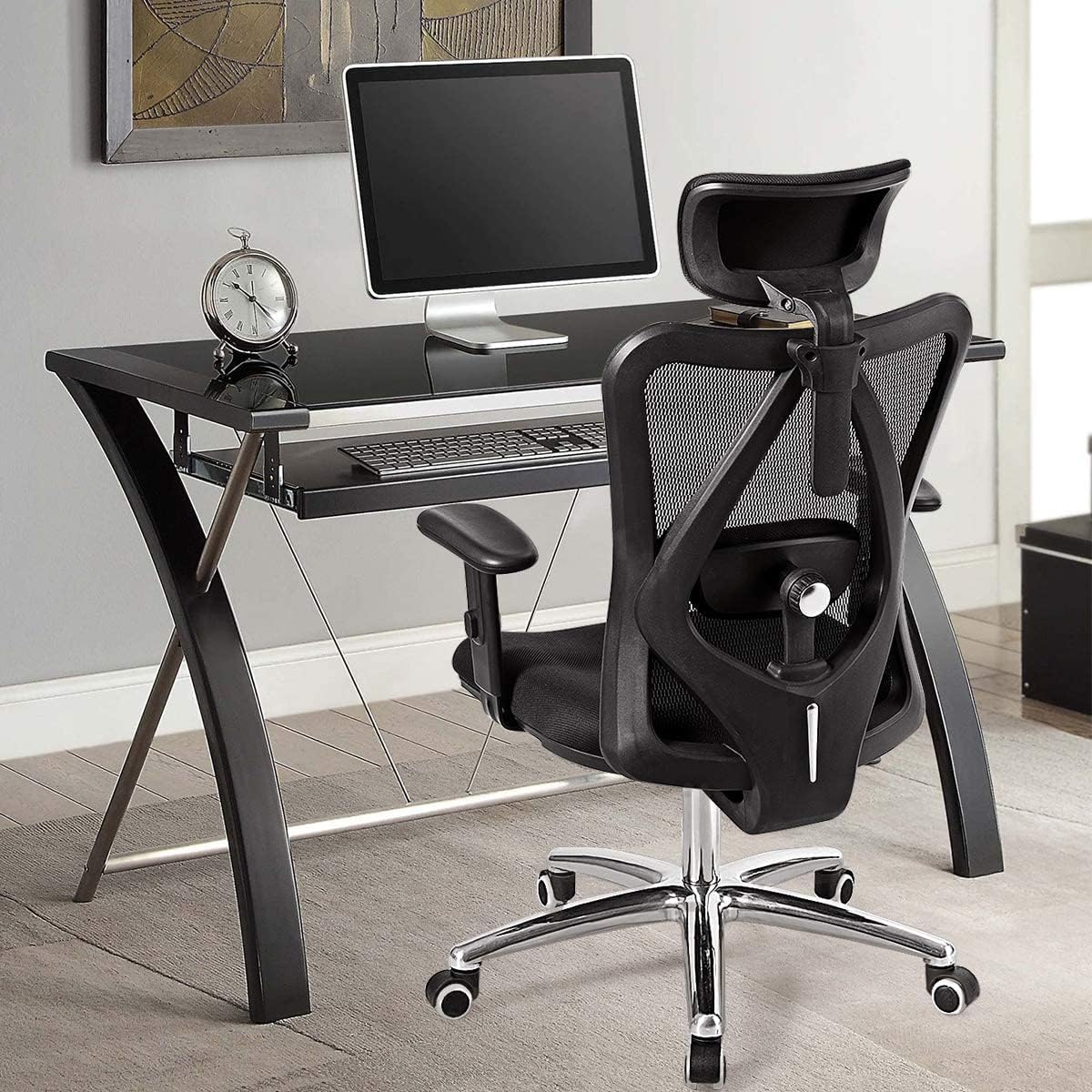 LUARANE Ergonomic Office Chair, High Back Mesh Computer Chair with Adjustable Headrest, Height Adjustable Roller Swivel Executive Working Chair with Adjustable Armrests