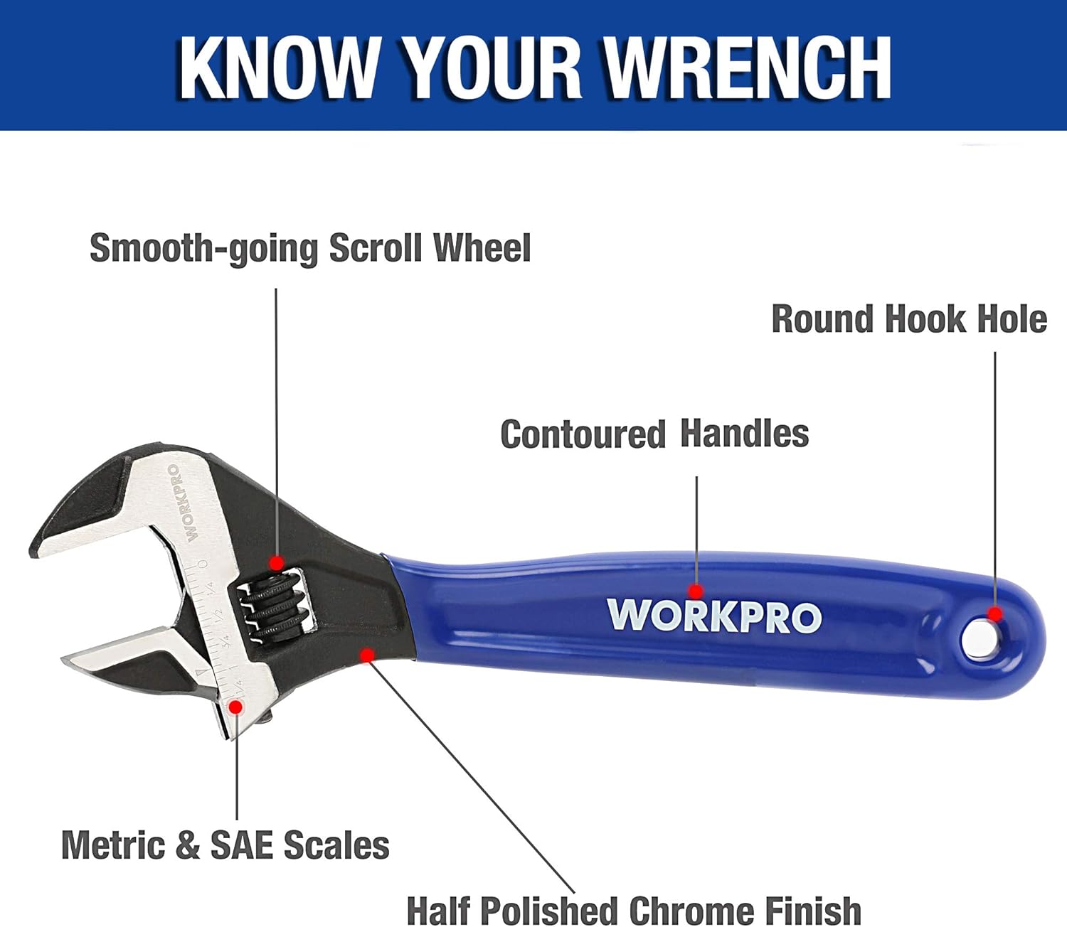 WORKPRO 2-piece Adjustable Wrench Set, 6-Inch & 10-Inch, Extra-Wide Jaw Black Oxide Wrench, Metric & SAE Scales, for Home, Garage, Workshop and DIY