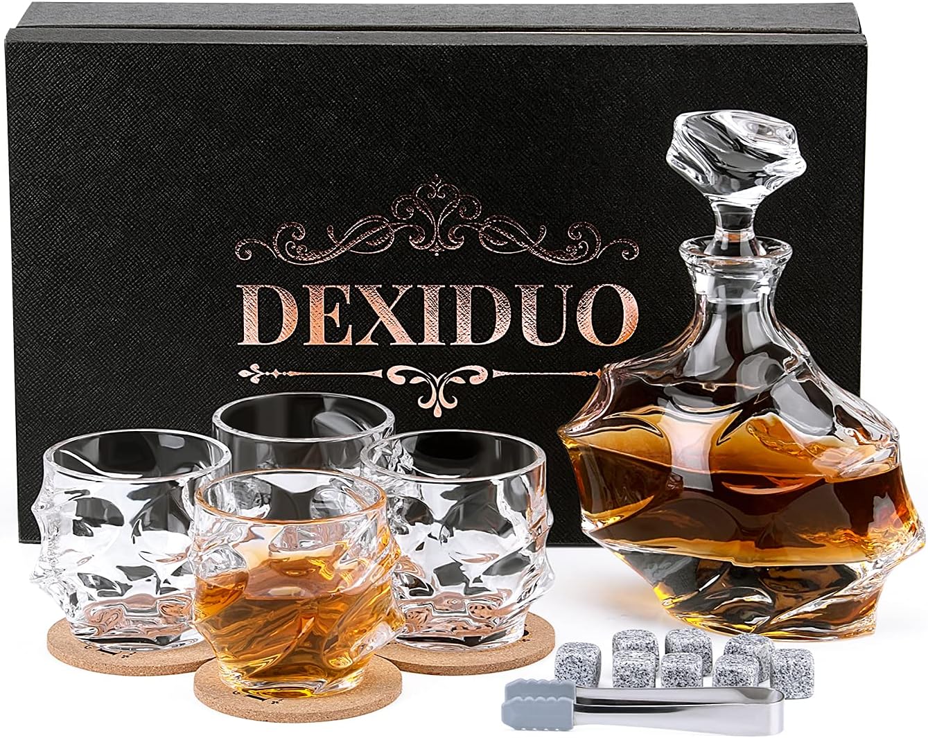 DEXIDUO Whiskey Decanter Glasses Set with Whiskey Stones, Old Fashioned Glass Bottles 10 Oz Rocks Glasses Barware for Bourbon, Scotch Whisky, Cocktails, Cognac - Personalized Gifts for Men (Style1) Pack of 2